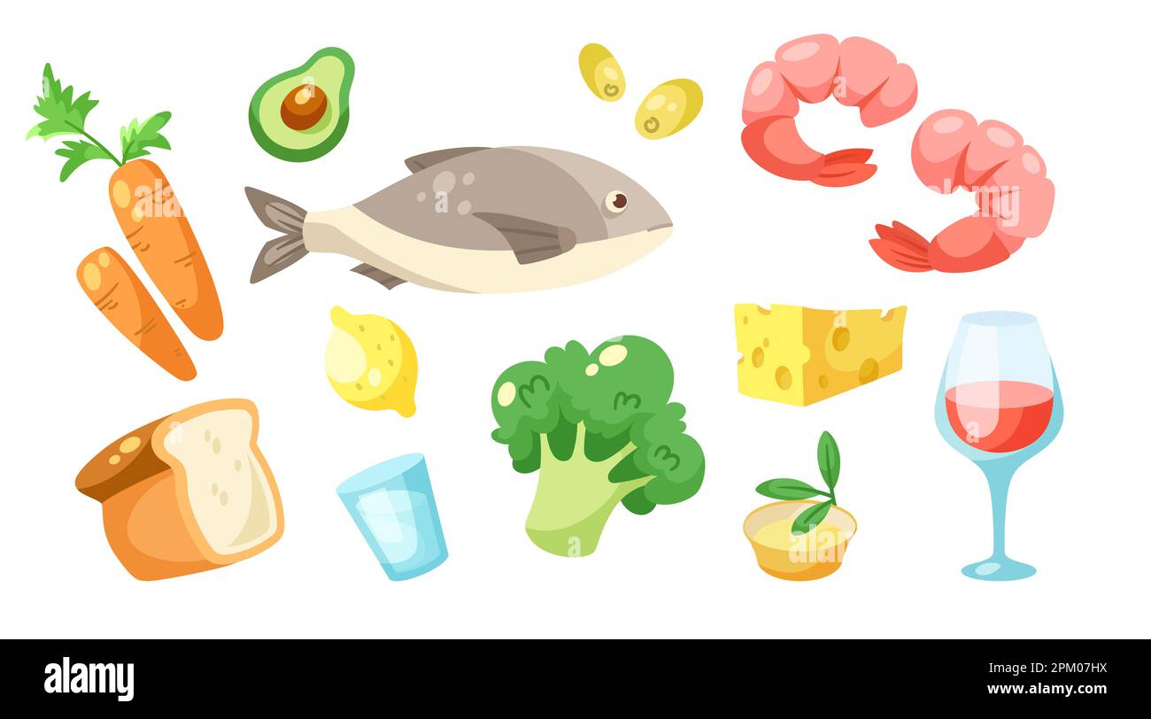 Elements of Mediterranean diet vector illustrations set Stock Vector