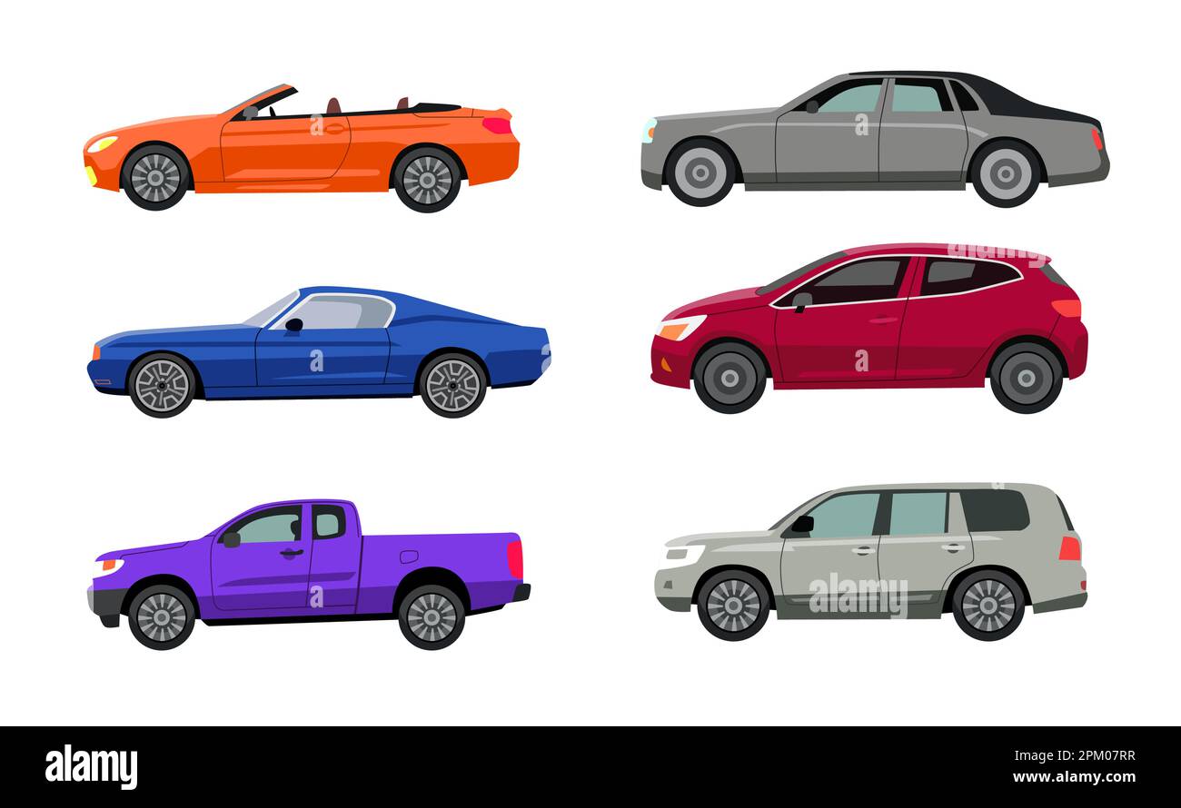 Side view of different car models flat vector illustrations set Stock