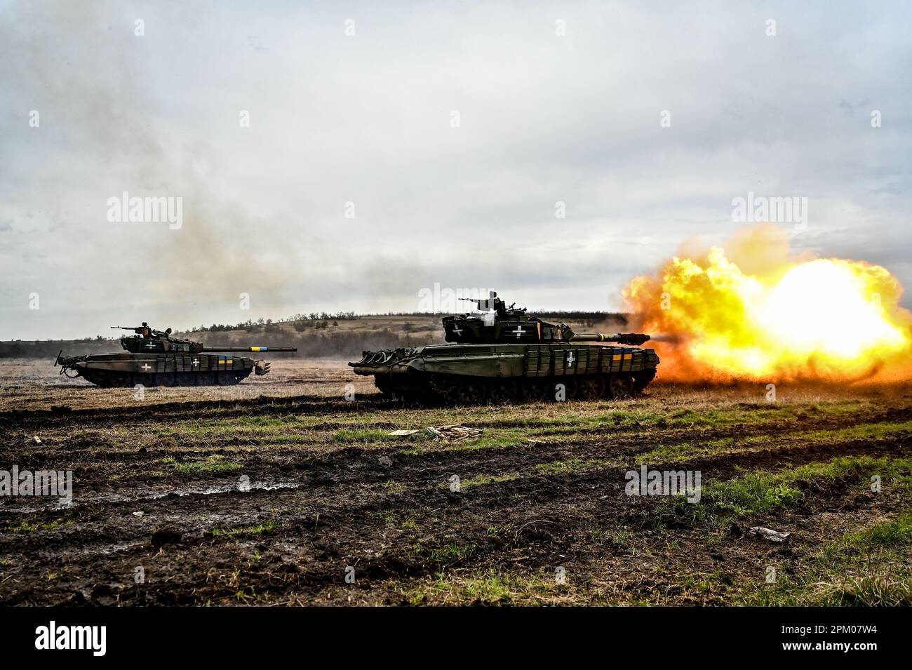 Tank Offensive Operations UKRAINE - APRIL 5, 2023 - T-72 tanks are involved in training for ...