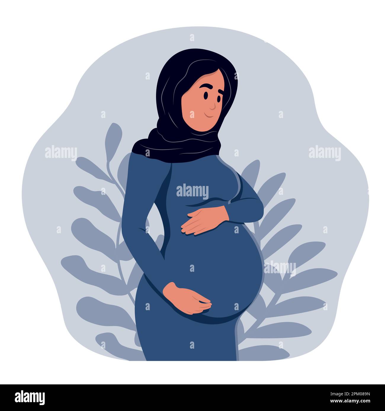 Beautiful pregnant Muslim woman hugs her belly. Healthy pregnancy