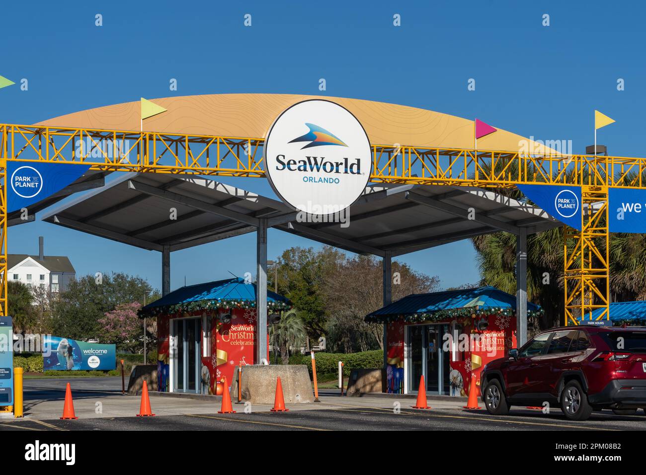 A SeaWorld sign at the entrance in Orlando, Fl, USA. Stock Photo