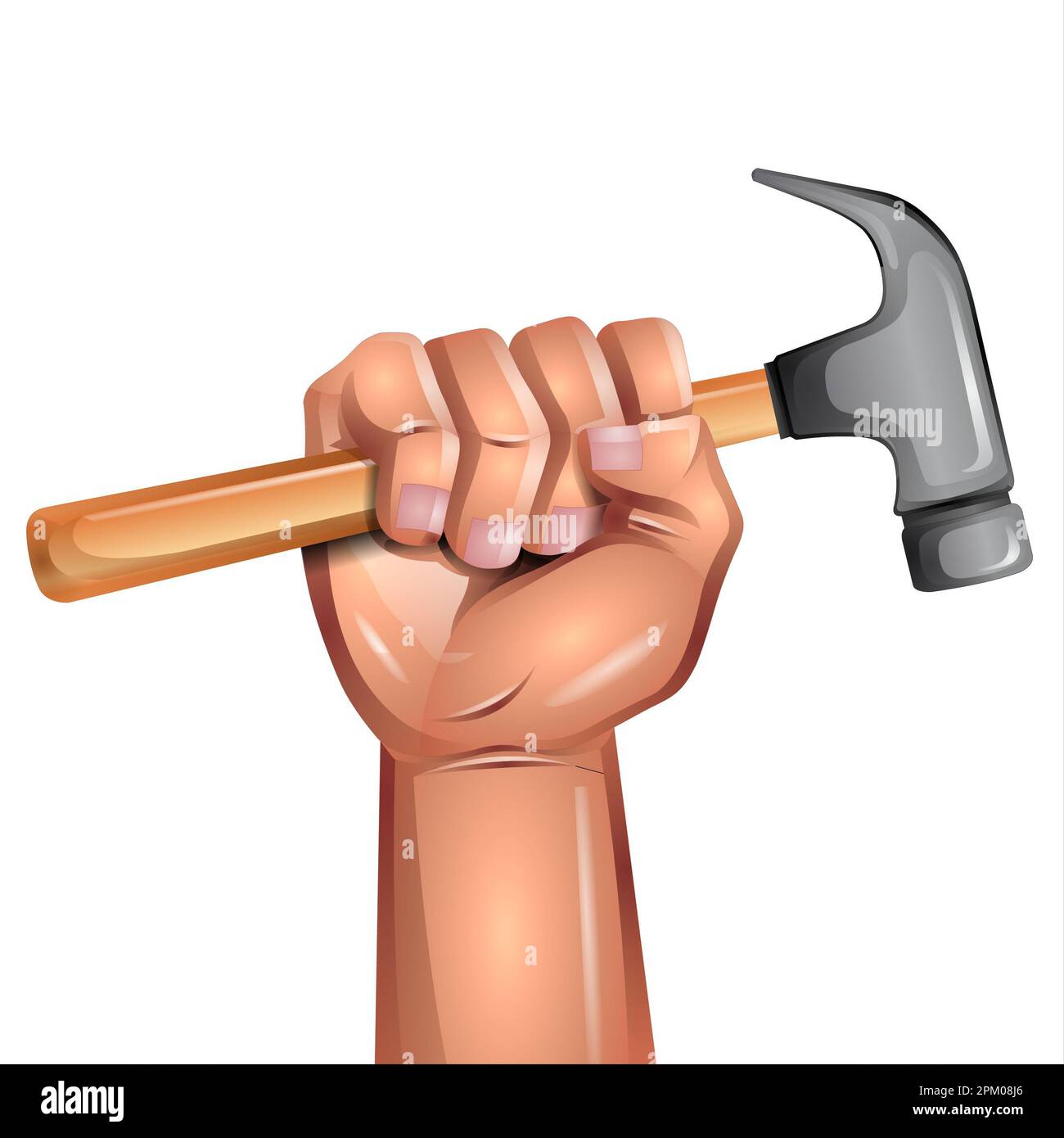 International Labor Day background with human hand holding hammer. Illustration. Stock Photo
