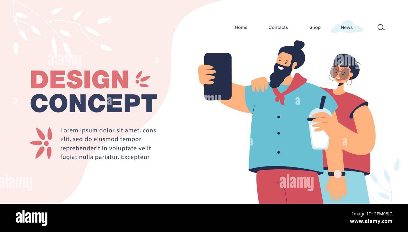 Cheater taking selfie with girlfriend flat vector illustration Stock