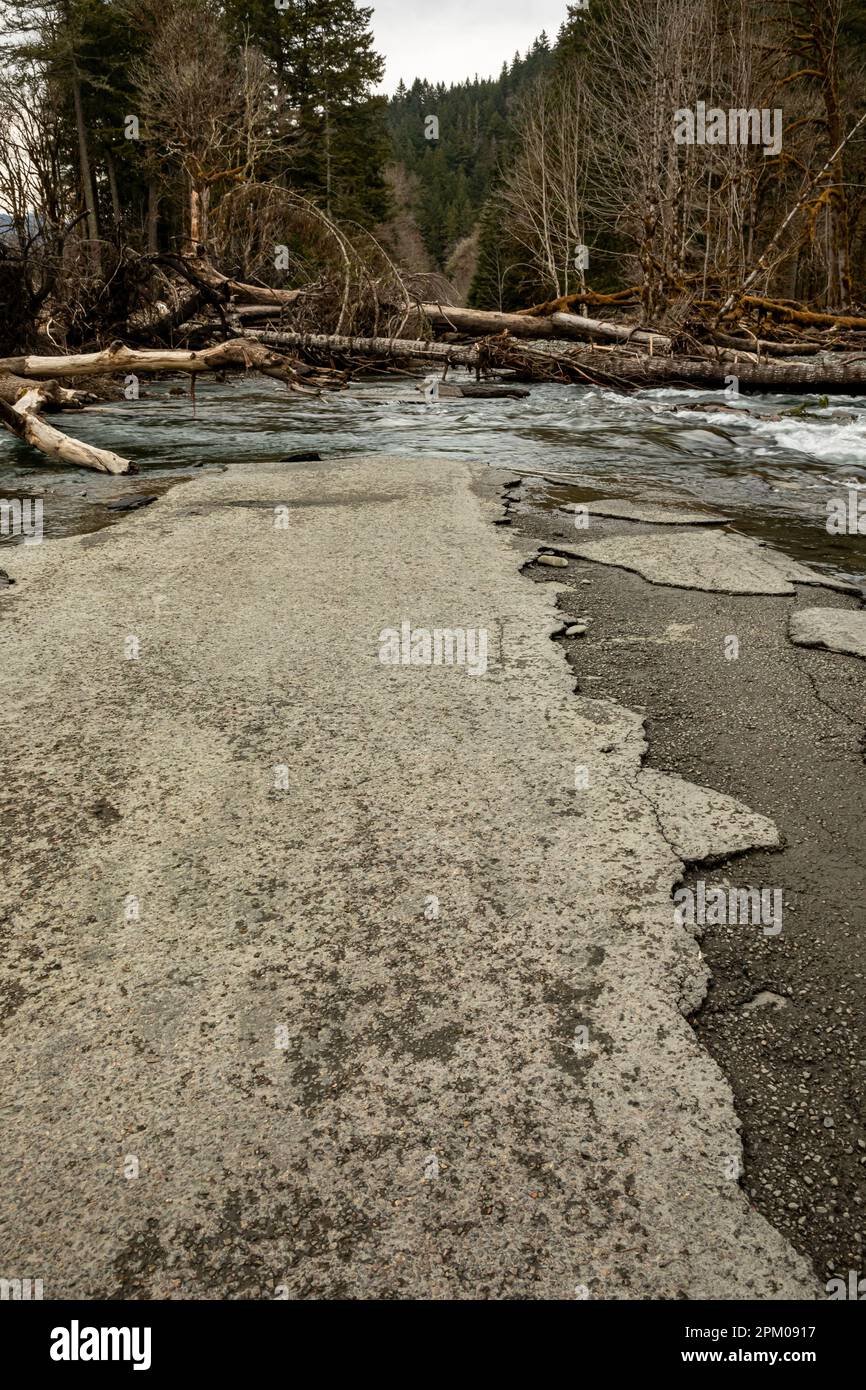 WA23317-00...WASHINGTON - After the Glines Canyon dam was removed, the Elwha River switched channels taking out the road and two campgrounds. Stock Photo