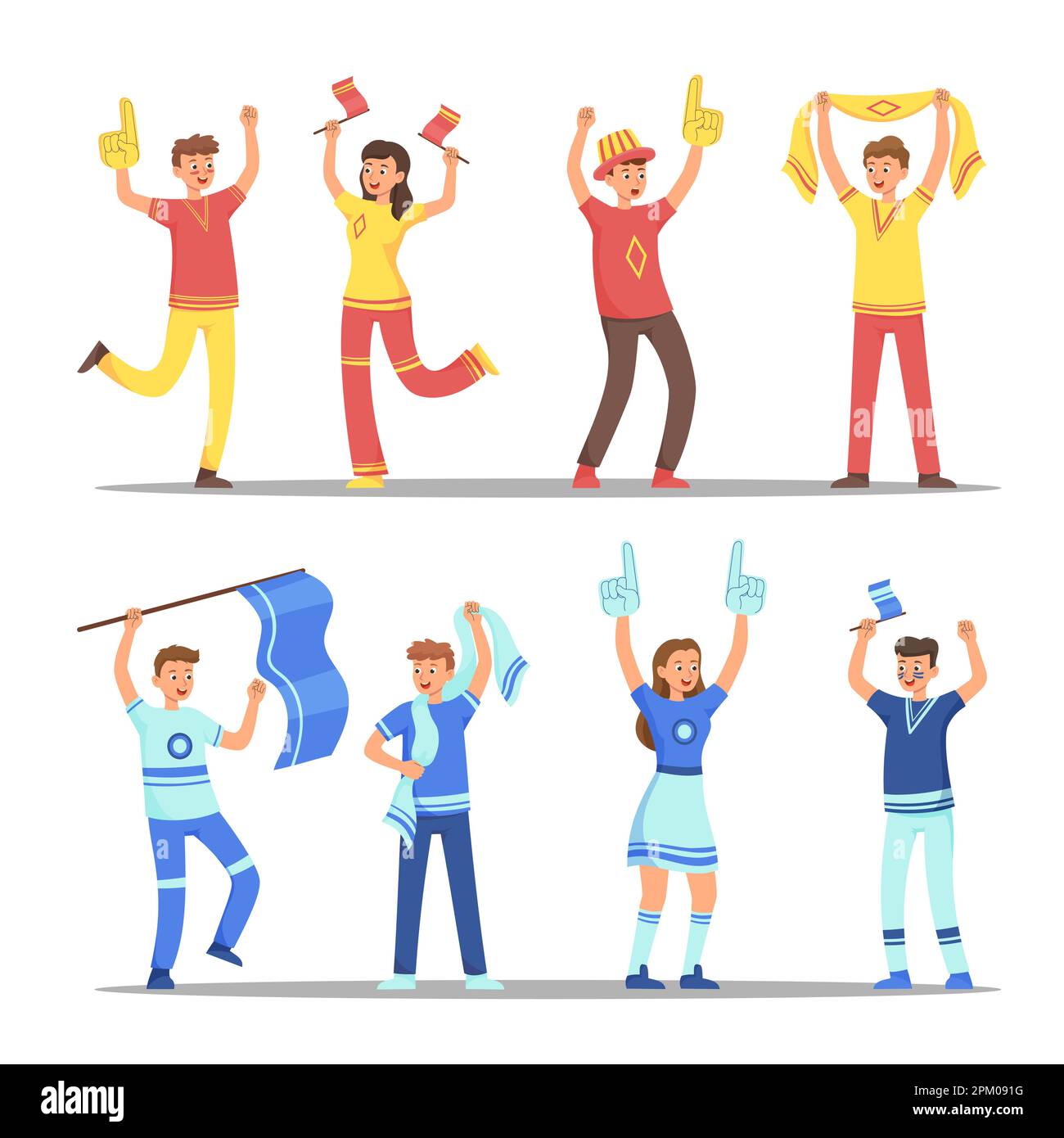 Group of football or soccer fans flat vector illustrations set Stock