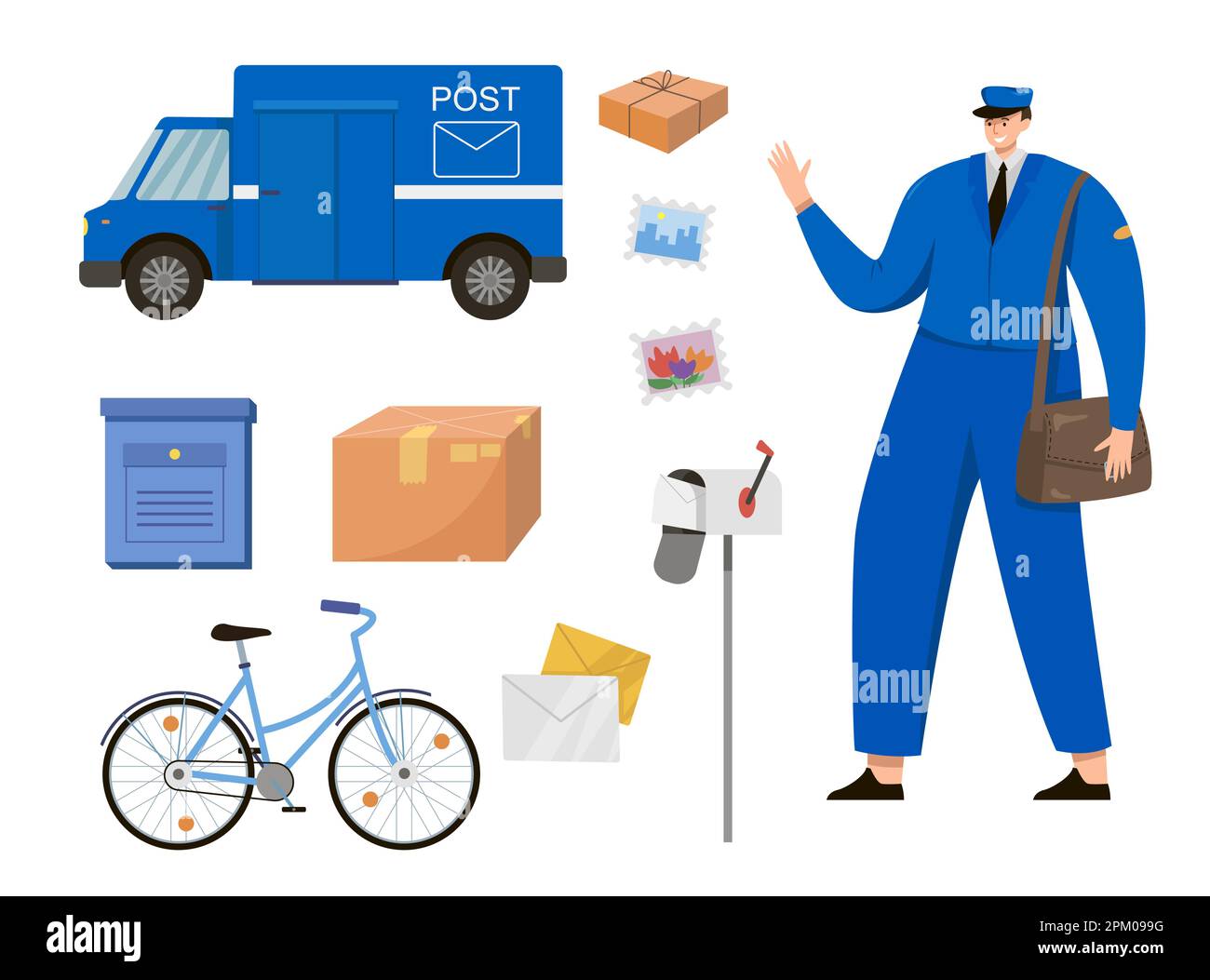 Postman character and objects of delivery service set Stock Vector