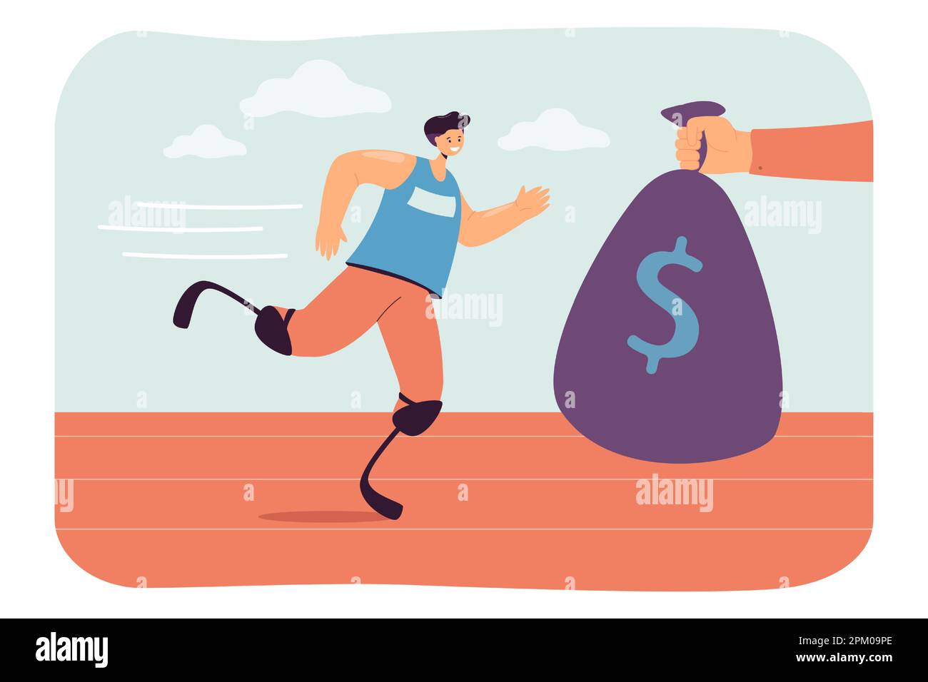 Hand giving bag of money to jogging runner on prosthetics Stock Vector