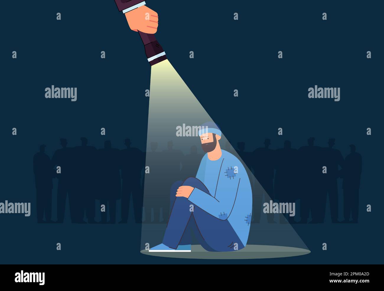 Hand holding flashlight above sad poor man sitting on ground Stock Vector