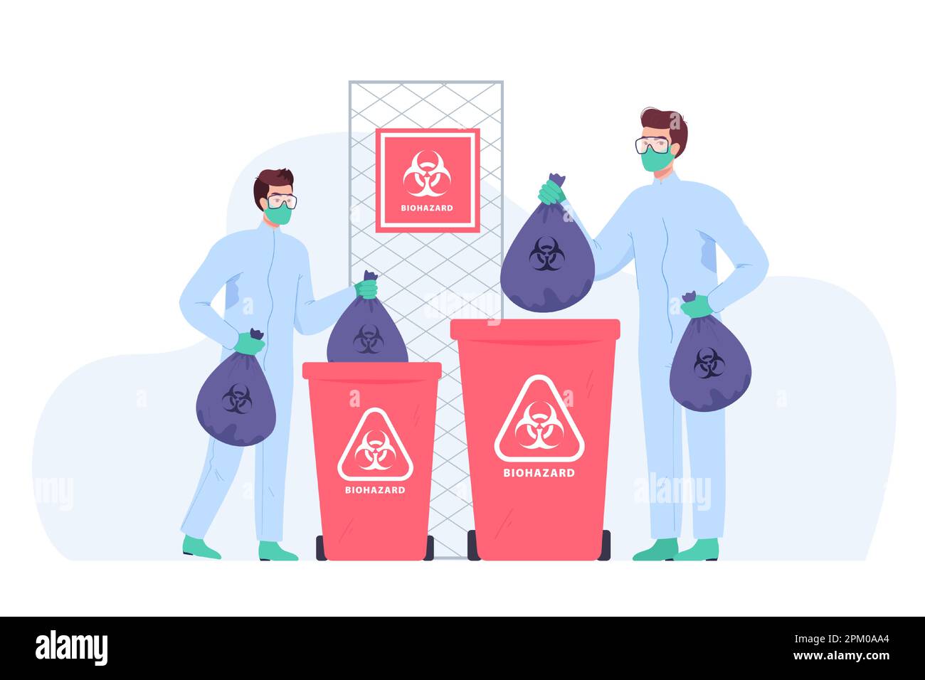 Workers in uniform throwing away biohazard garbage bags Stock Vector