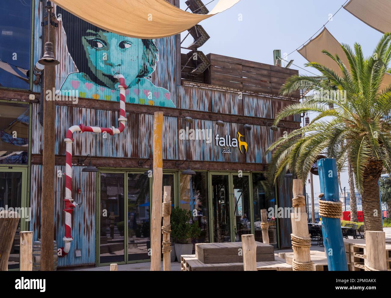 Dubai, UAE - April 1, 2023: Old retro Falla cafe and restaurant in La Mer Stock Photo