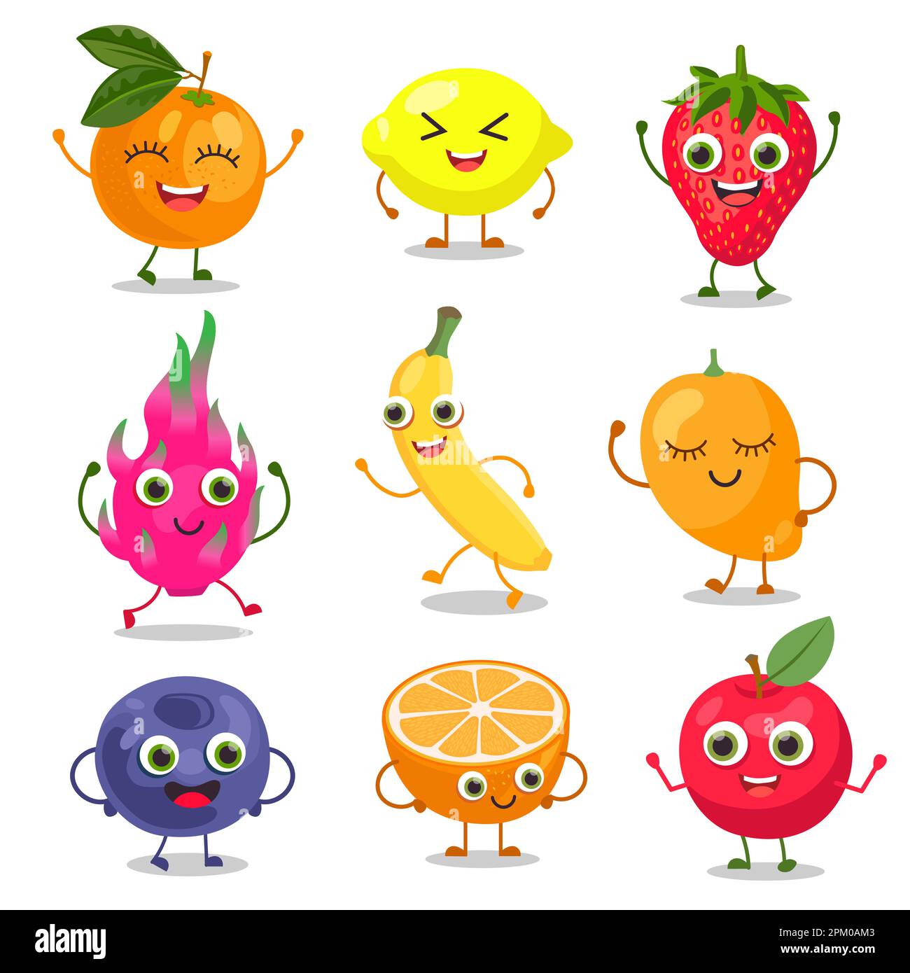 Cute fruit and berry cartoon characters vector illustrations set Stock