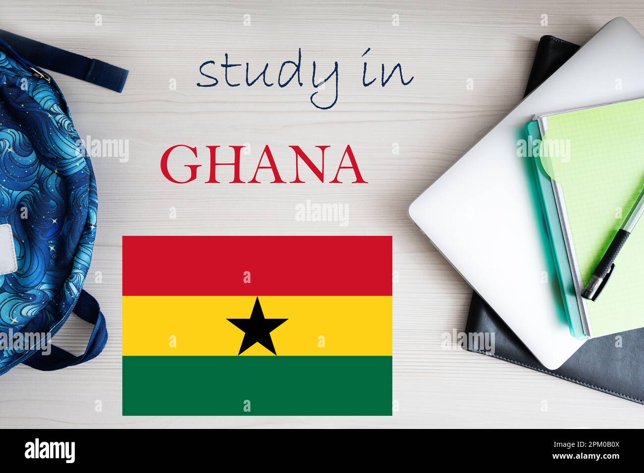 Study in Ghana. Background with notepad, laptop and backpack. Education concept Stock Photo Alamy