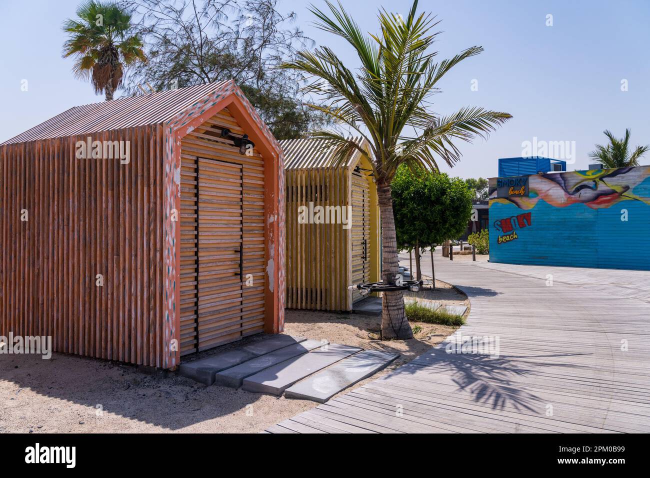 Dubai, UAE April 1, 2023 Colorful beach huts and restaurant in La