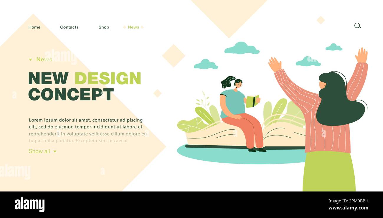 Back view of friend greeting tiny reader sitting on huge book Stock