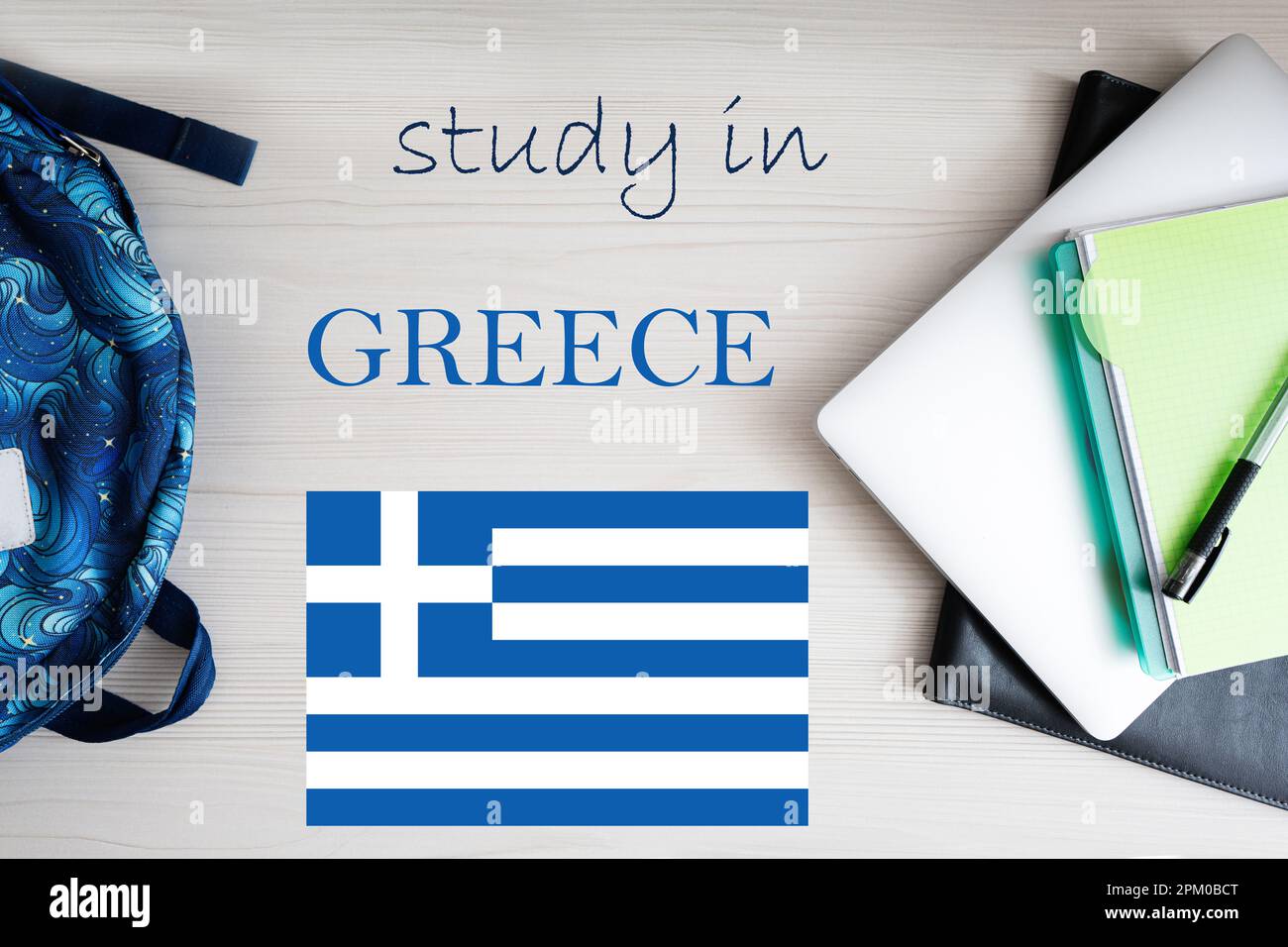 Study in Greece. Background with notepad, laptop and backpack ...