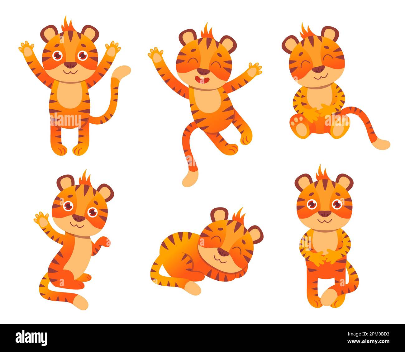 Tiger character in different poses vector illustrations set Stock