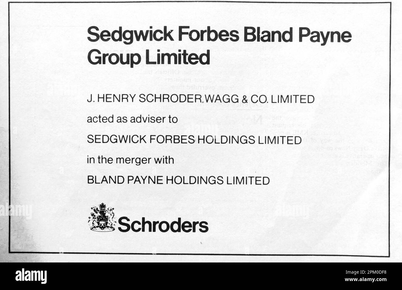 J Henry Schroeder acted as an advisor announcement - Sedgwick Forbes advert in a British magazine 1975 Stock Photo