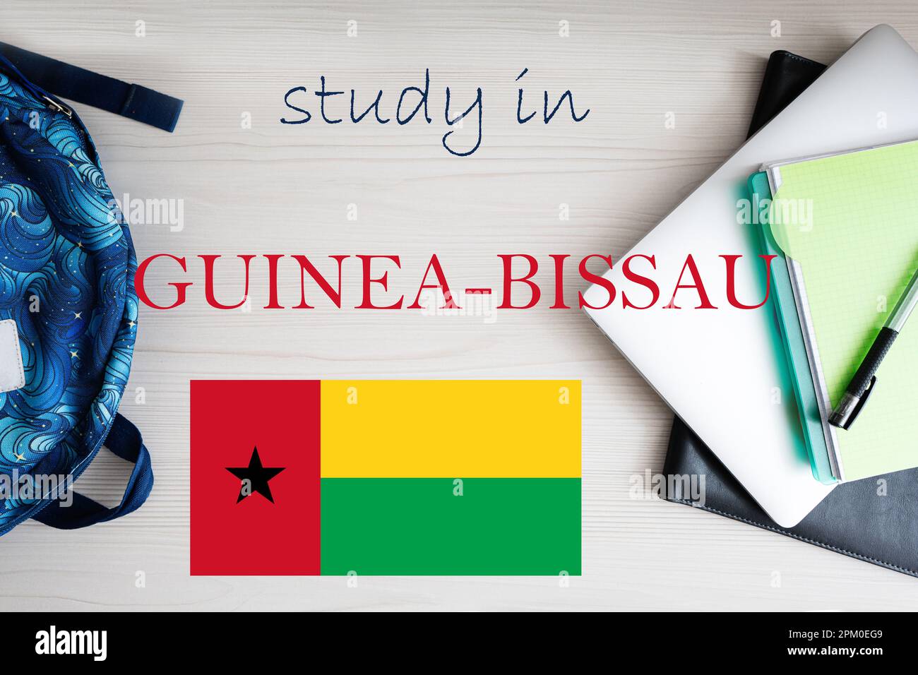 Study in Guinea-Bissau. Background with notepad, laptop and backpack