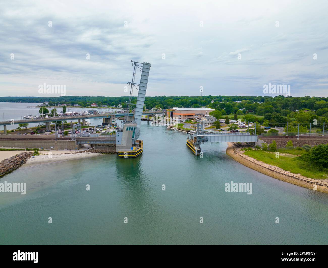 Niantic Beach Railroad Bridge aerial view in a cloudy day between