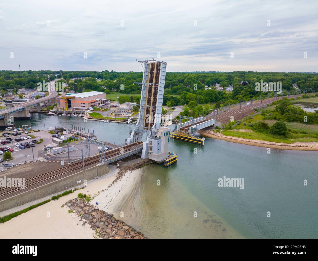 Niantic Beach Railroad Bridge aerial view in a cloudy day between