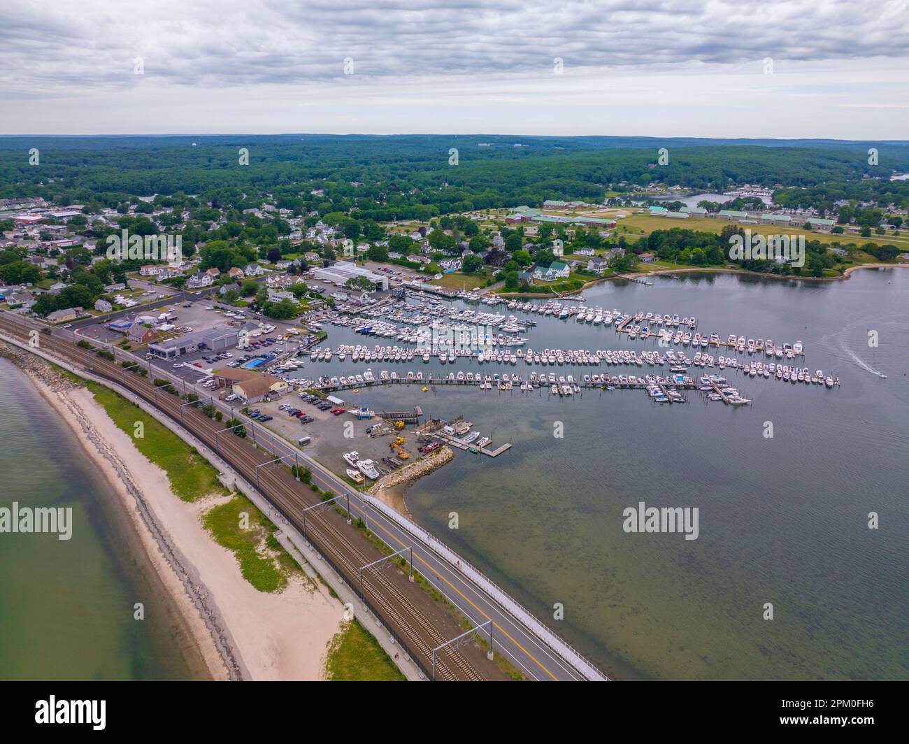 Niantic Beach and Port Marina aerial view in a cloudy day between