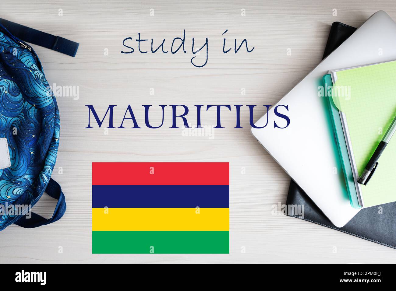 Study in Mauritius. Background with notepad, laptop and backpack