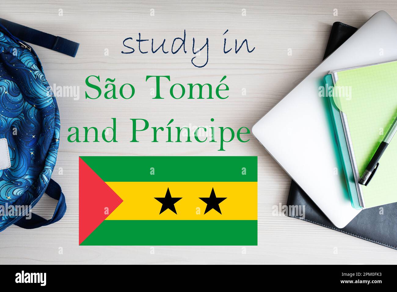 Study in Sao Tome and Principe. Background with notepad, laptop and
