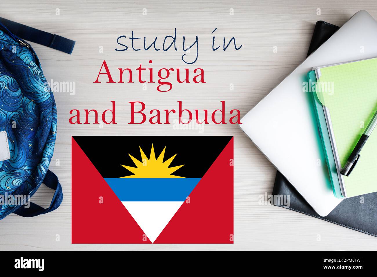 Study in Antigua and Barbuda. Background with notepad, laptop and