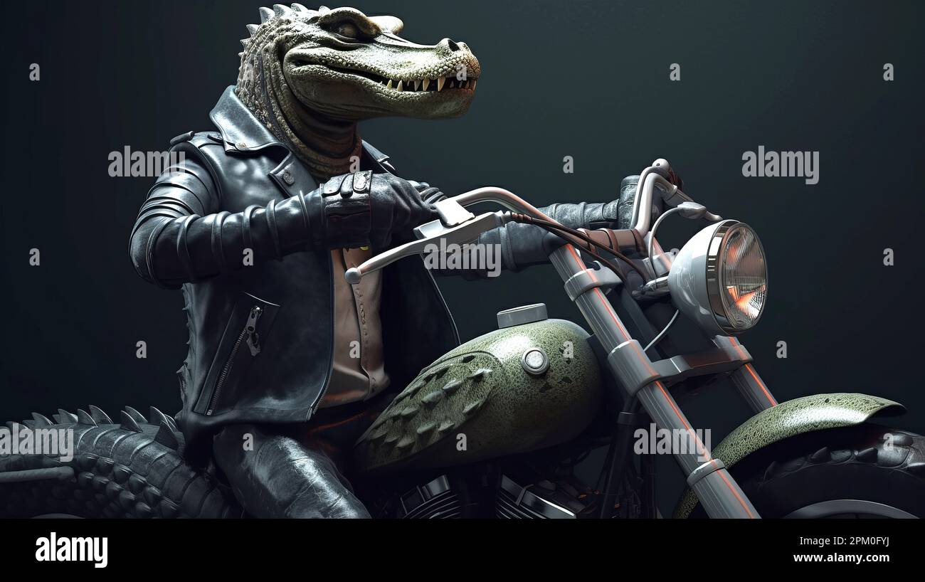 Cool Cartoon Rider Crocodile Character on Chopper Motorbike