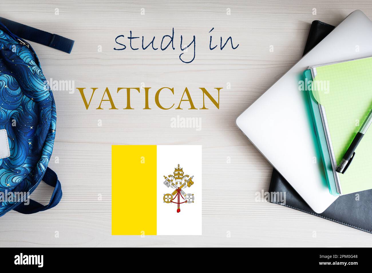 Study in Vatican City. Background with notepad, laptop and backpack