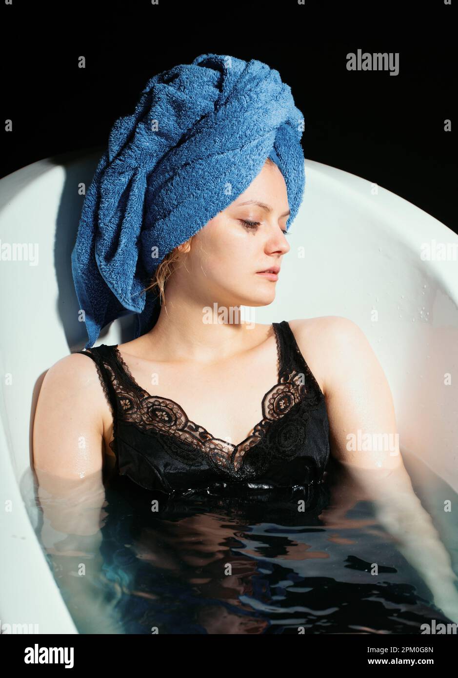 Depression concept. Sad woman in bath. Sadness, fatigue or grief, frustration. Alone upset girl