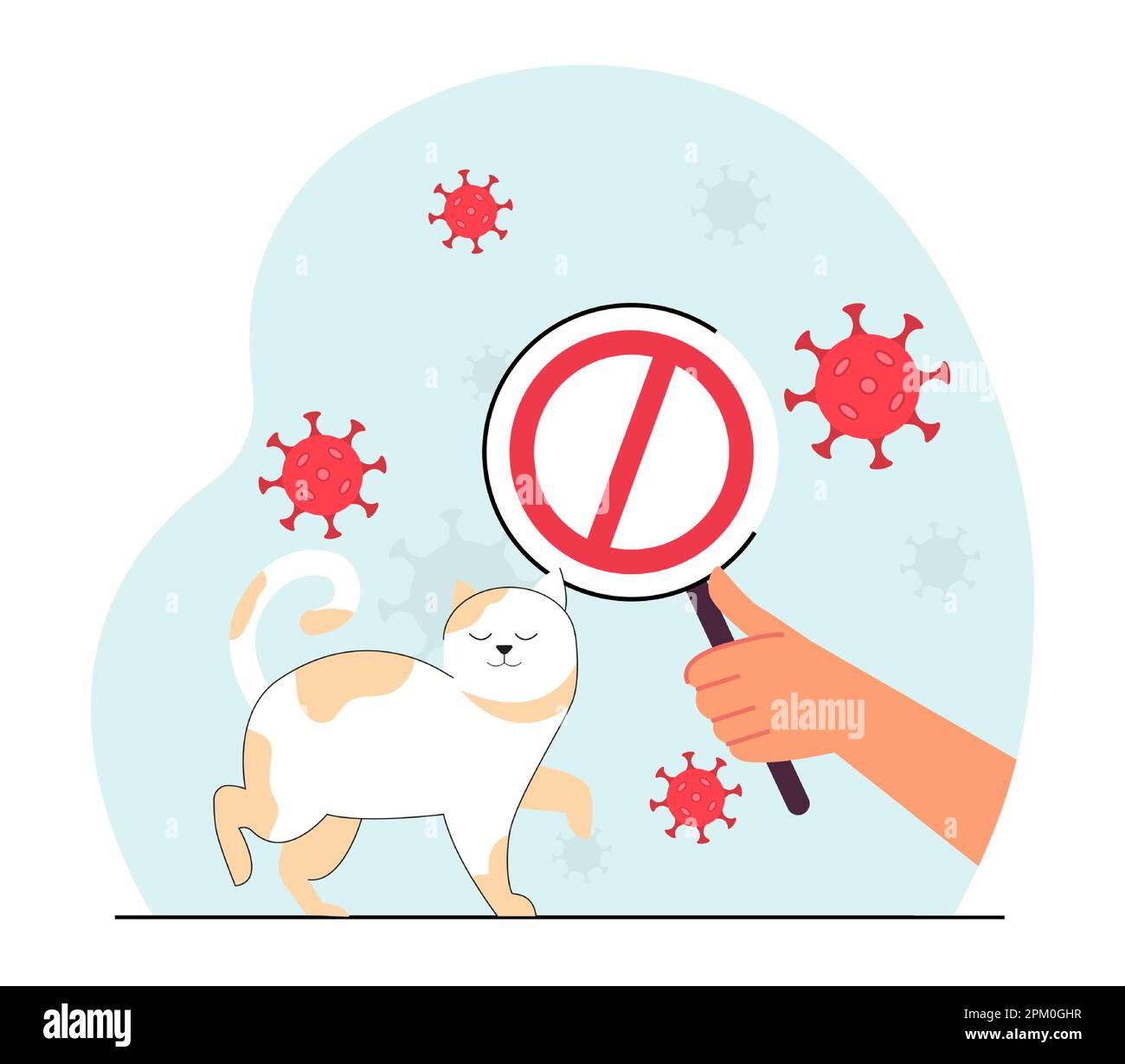 Hand holding stop sign and protecting cat from virus particles Stock