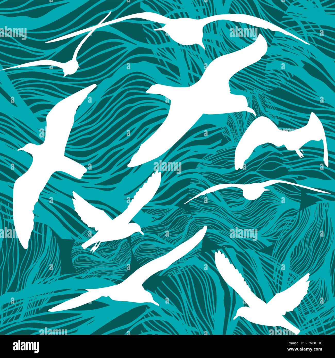 Abstract seamless pattern sea graphic and flying seagulls. Vector illustration Stock Vector
