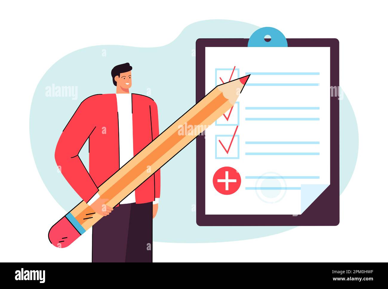 Cartoon man with huge pencil filling out work form Stock Vector Image