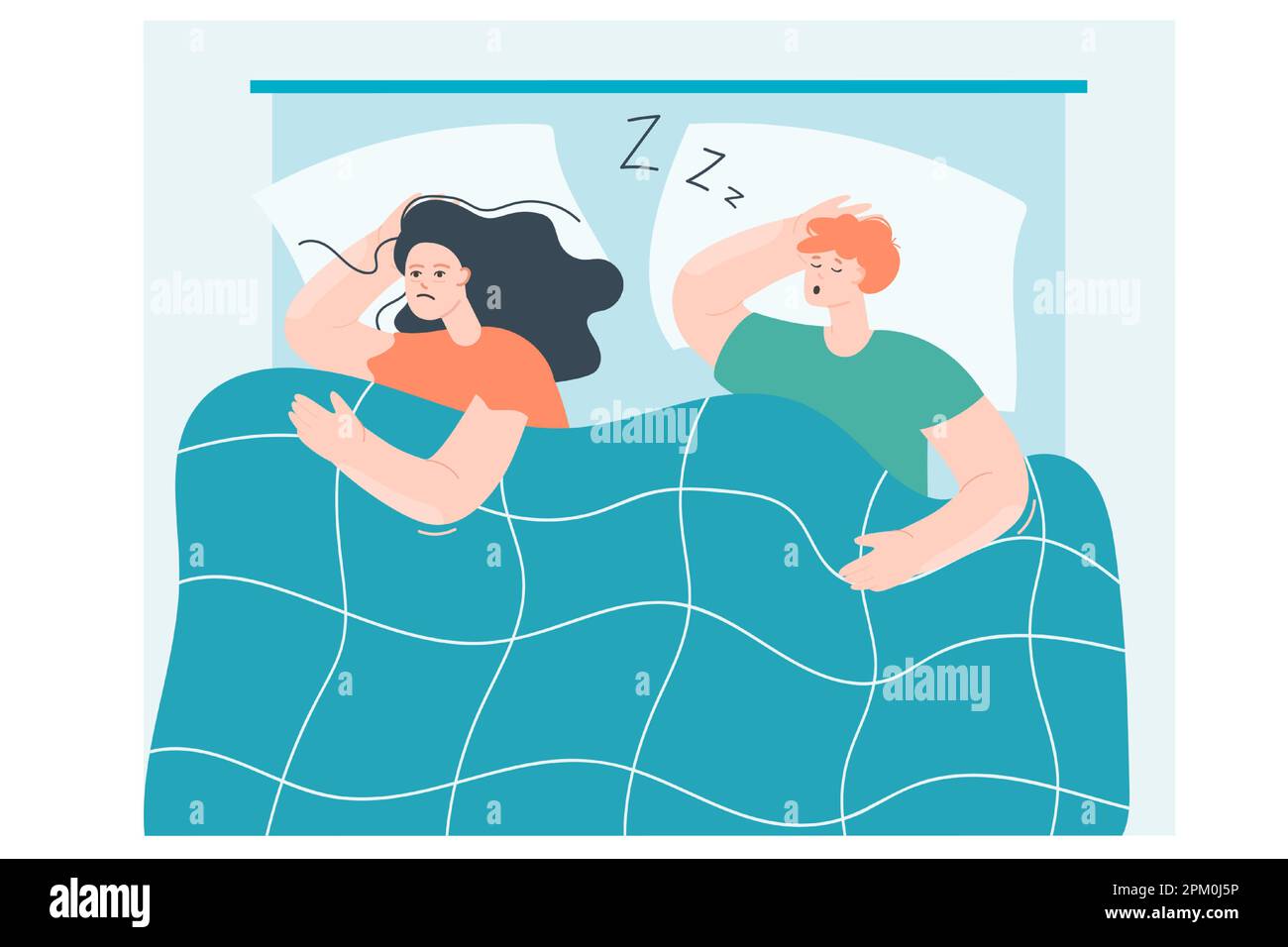 Sad wife with insomnia lying in bed next to snoring husband Stock