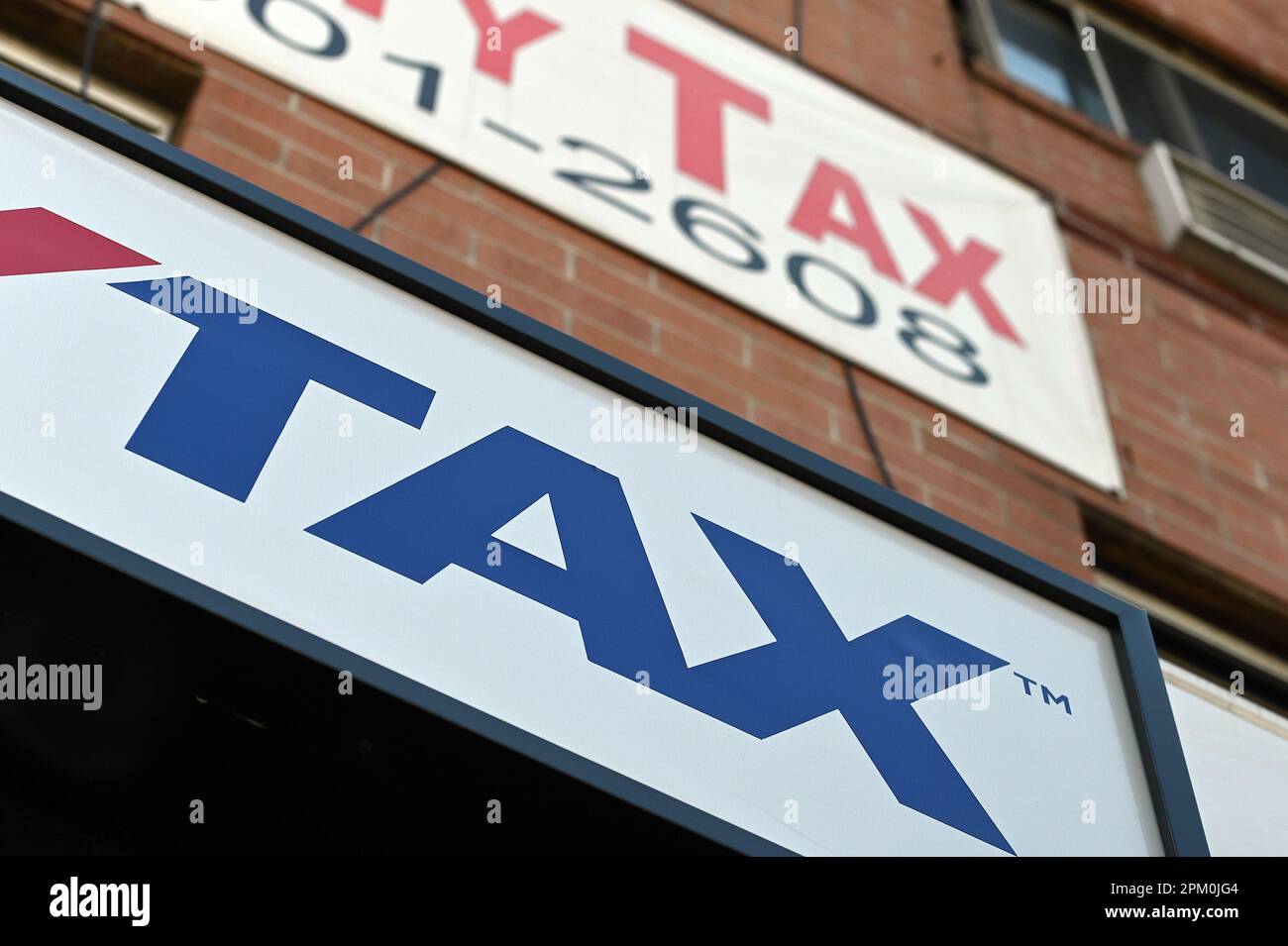 New York, USA. 10th Apr, 2023. View of tax preparer signage as the
