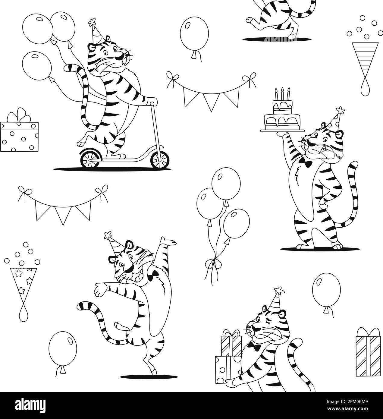 Cartoon Birthday tigers seamless pattern. Black and white outline cute wild cat print for kids decoration design. Coloring page wrapping paper textile Stock Vector