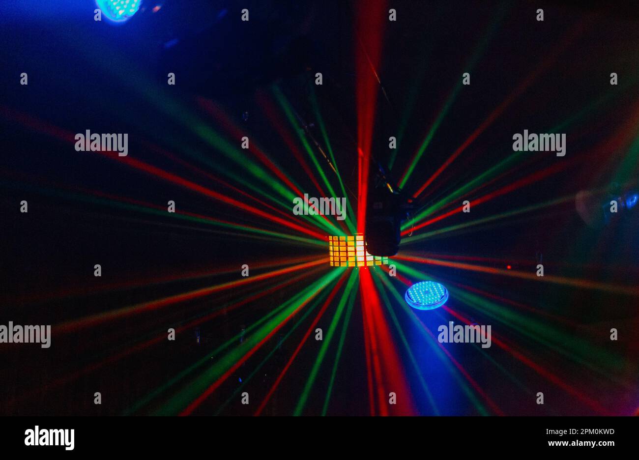 Multi -colored rays from lighting on the dance floor in a cafe Stock ...