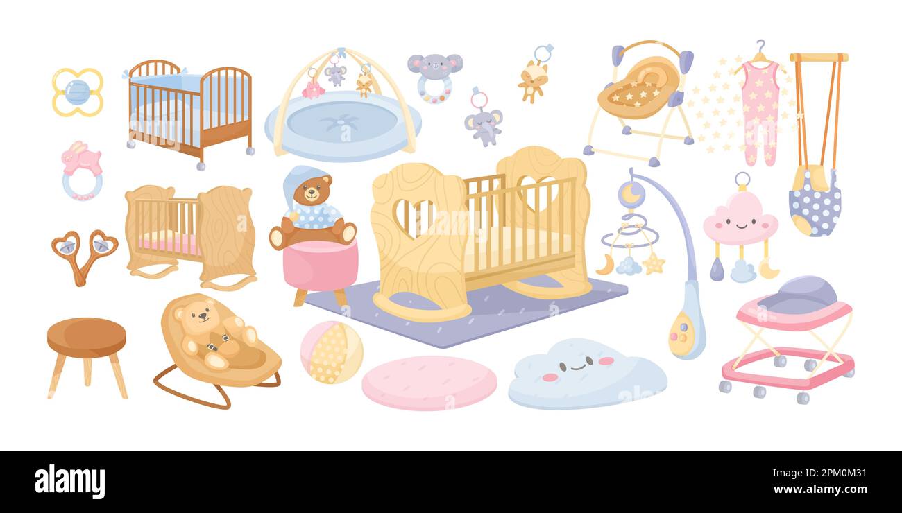 Baby bedroom interior elements vector illustrations set Stock Vector