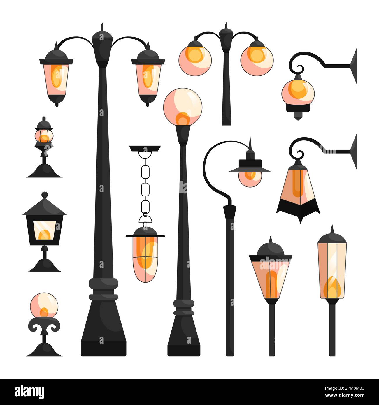 Old classic lamp posts cartoon illustration set Stock Vector Image