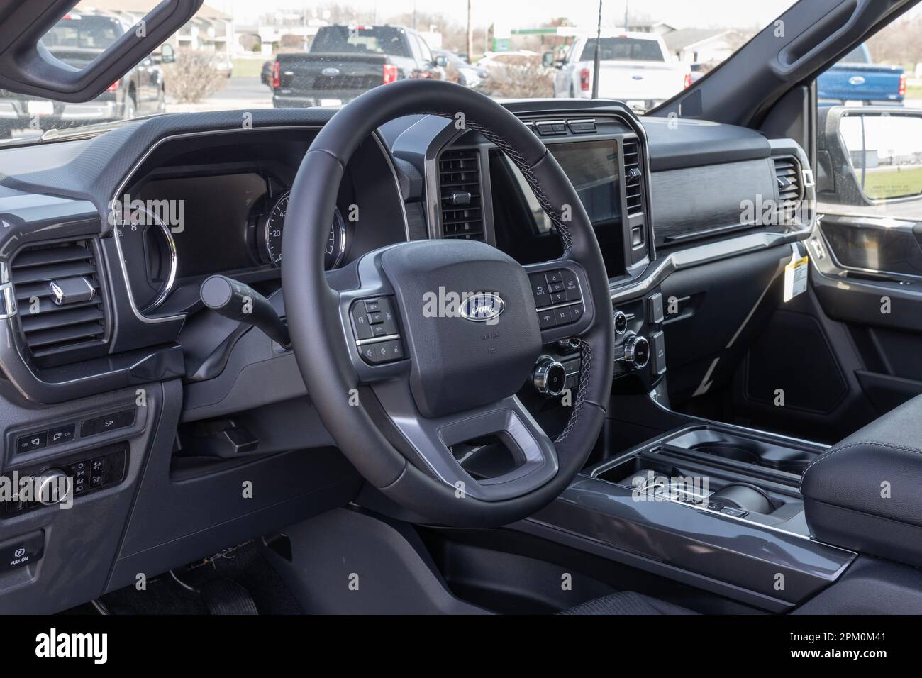 Logansport Circa April 2023 Ford F150 display at a dealership. The