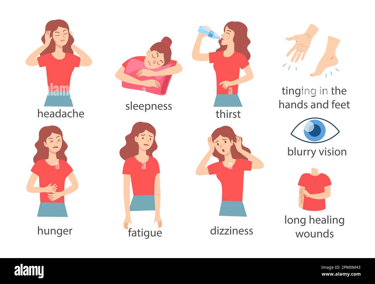 Woman with different types of pain cartoon illustration set stock