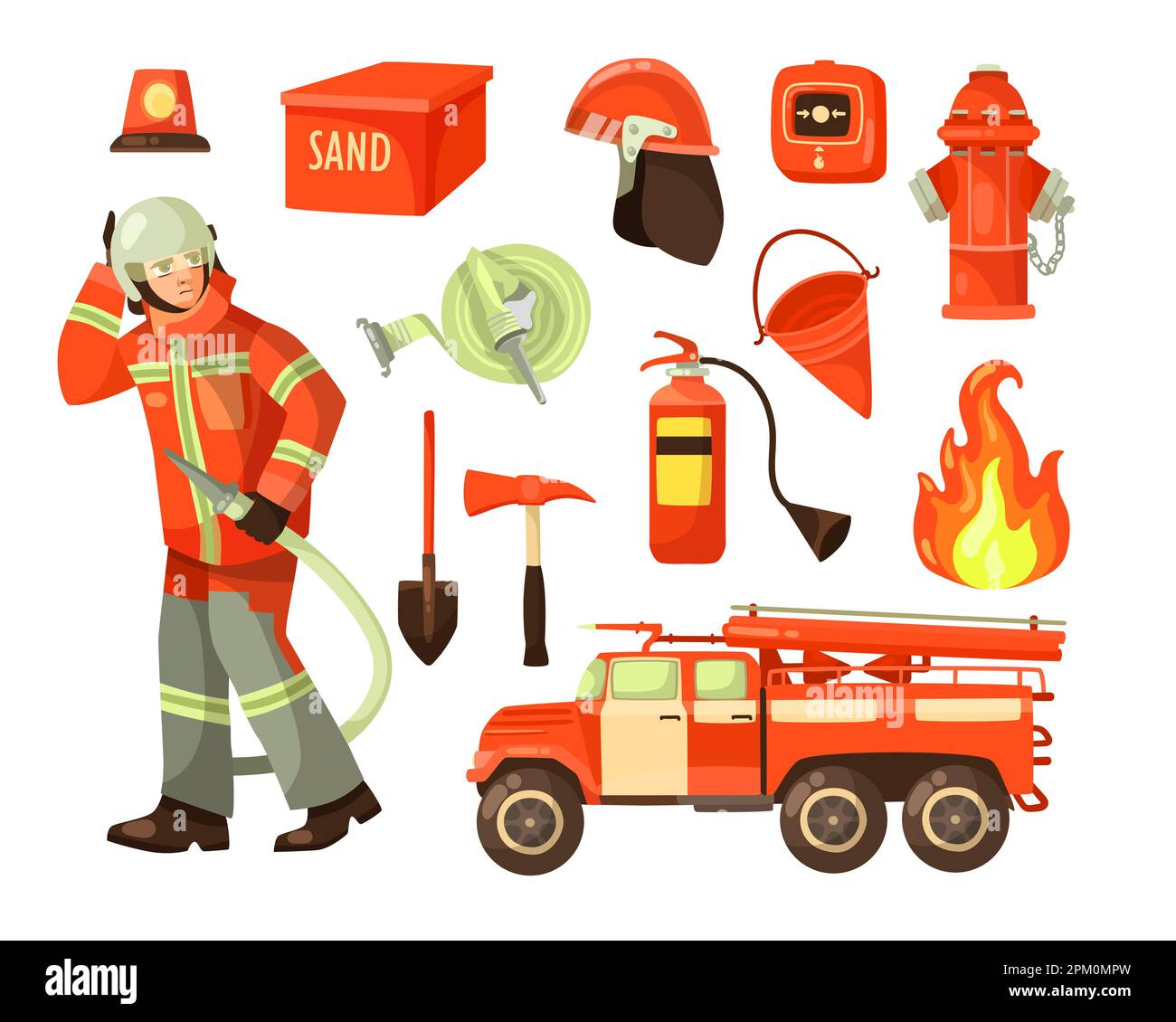 Firefighter and firefighting equipment cartoon illustration set Stock