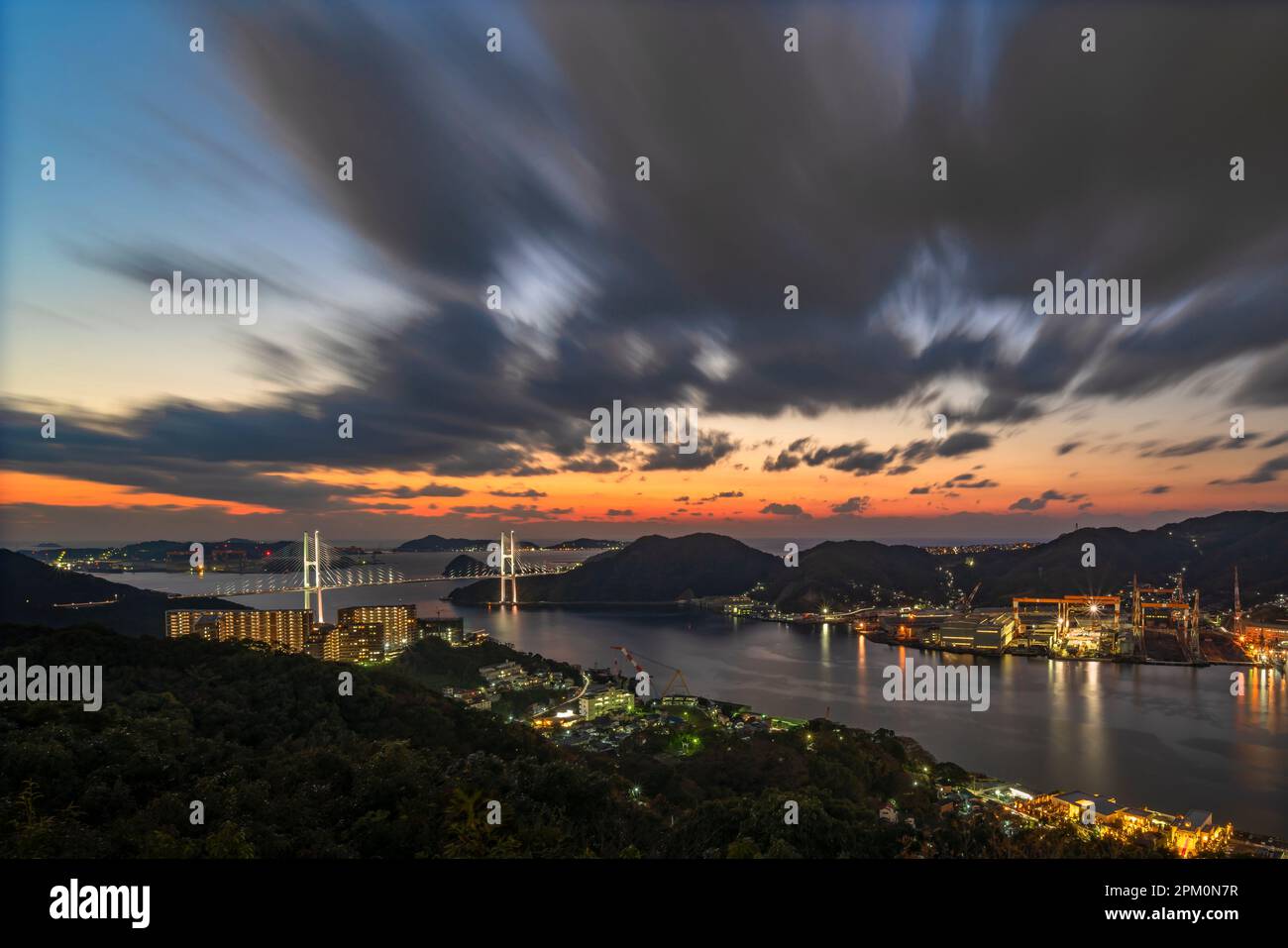 Long exposure sunset photography of Japanese Megami cablestayed bridge
