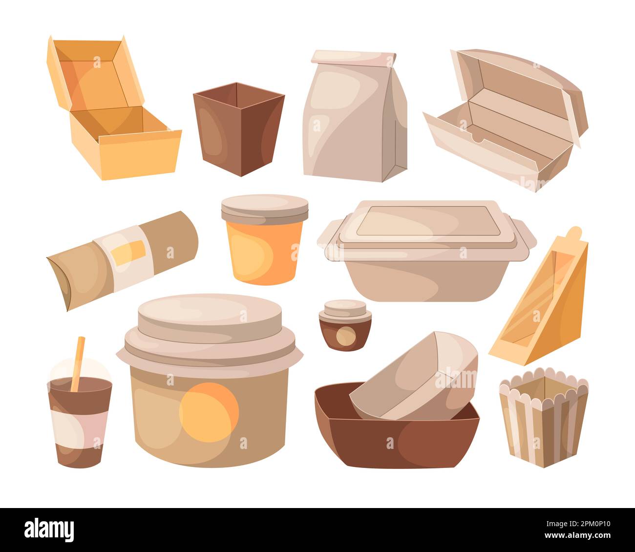 Carton cups and boxes with takeout food vector illustrations set Stock