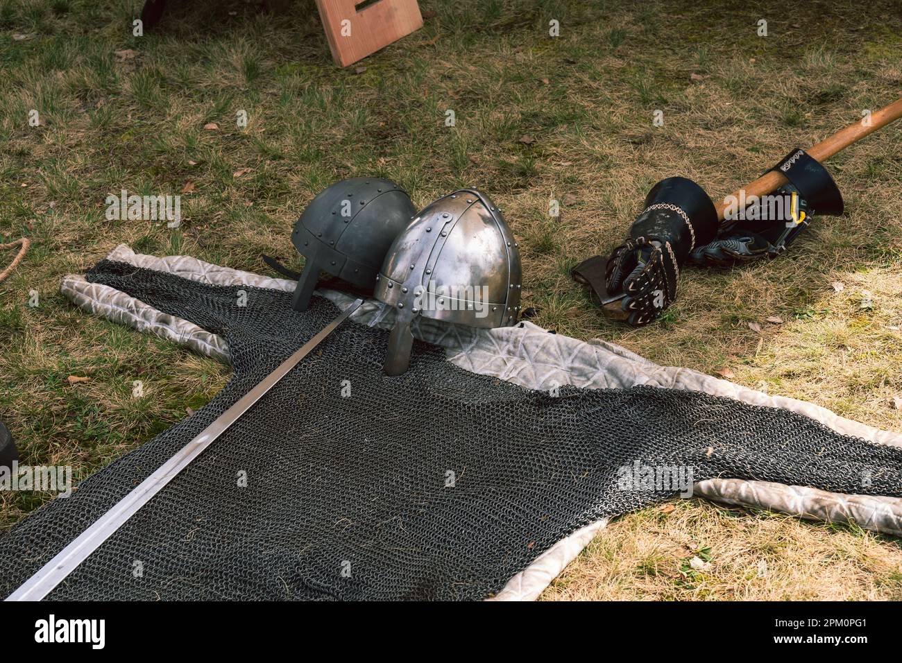 Kaiserslautern, Germany. 10th Apr, 2023. Two medieval steel helmets