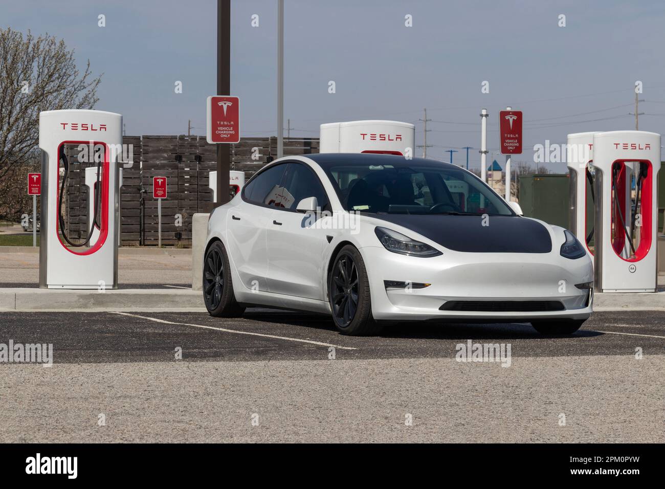 Lafayette Circa April 2023 Tesla EV electric vehicle charging. Tesla products include