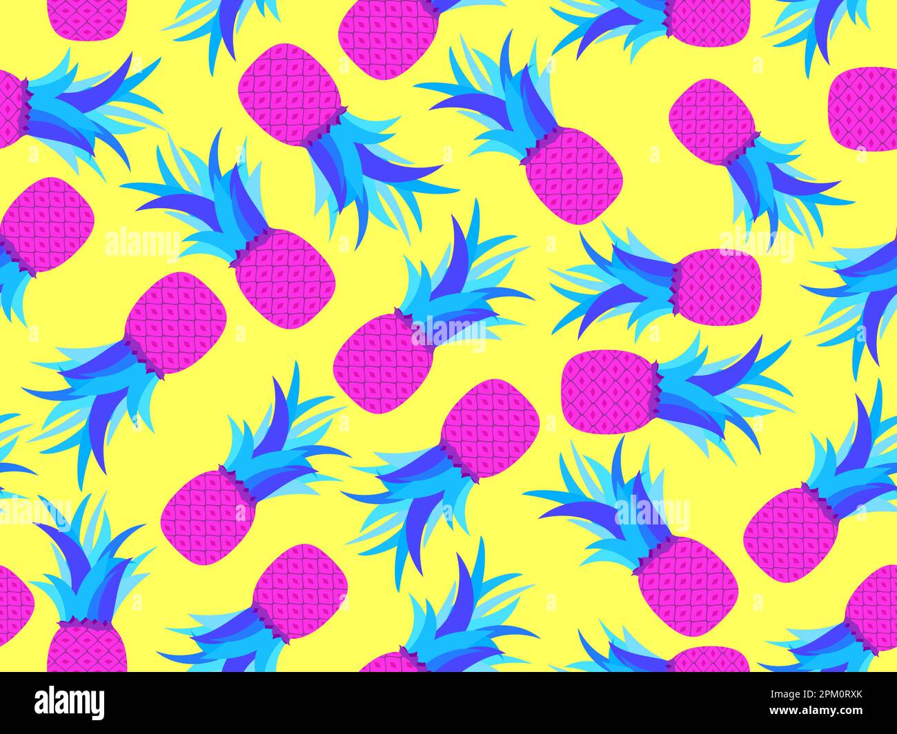 Pink pineapple with blue foliage pop art style. Seamless pattern with ...