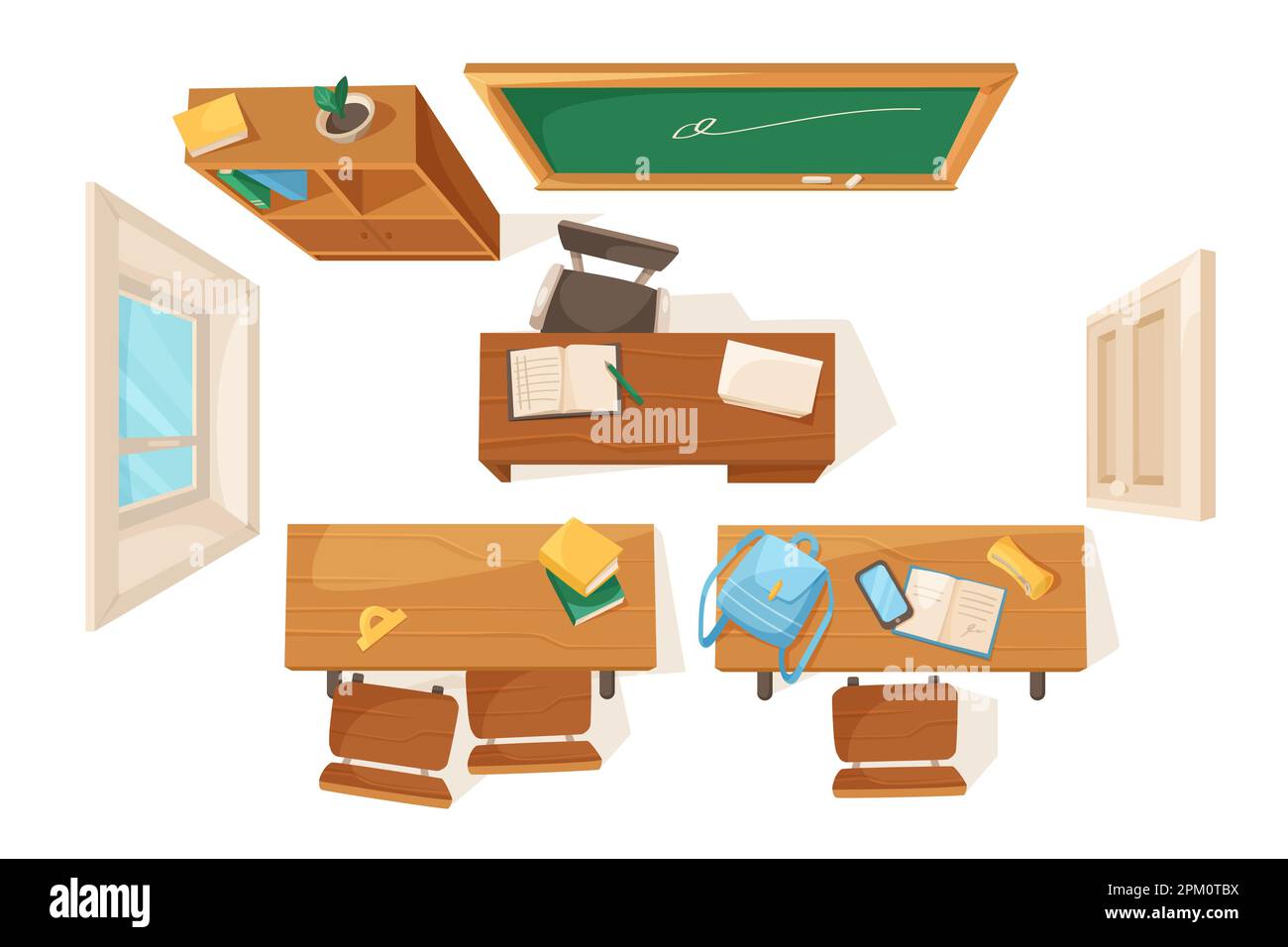 Top view of classroom interior elements vector illustrations set Stock Vector