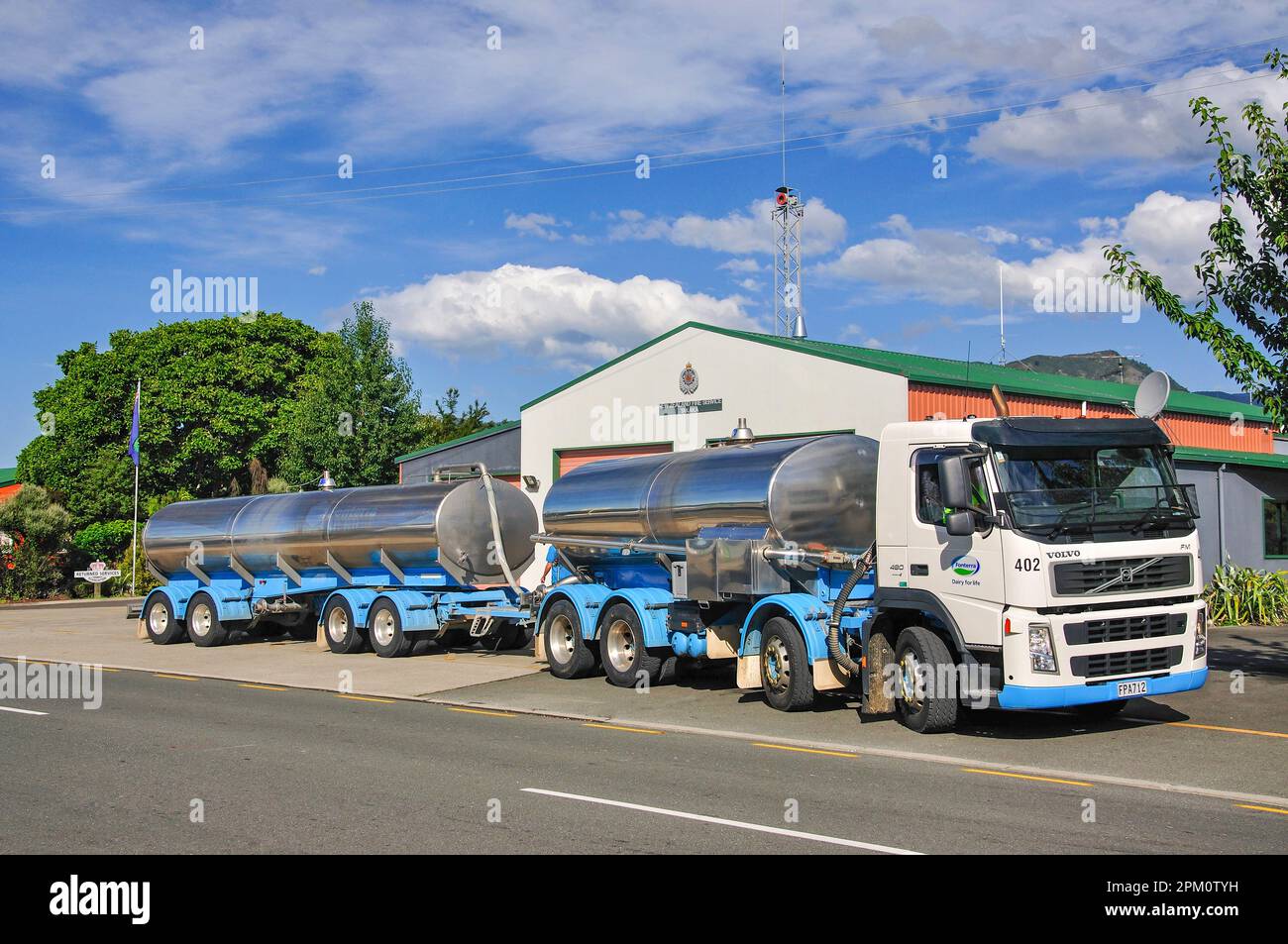 Fonterra milk tanker, Takaka, Golden Bay, Tasman Region, South Island, New Zealand Stock Photo